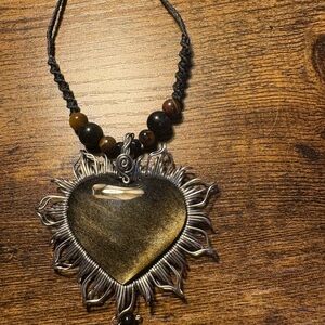 Handcrafted Heart Sunburst Pendant Necklace in Shimmering Golden Sheen Obsidian